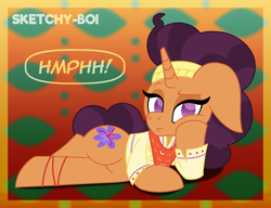 Size: 2600x2000 | Tagged: safe, artist:snakeythingy, imported from derpibooru, saffron masala, pony, dialogue, gradient background, high res, looking at you, lying down, sassy