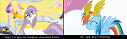 Size: 1600x500 | Tagged: safe, artist:shawn keller, derpibooru exclusive, edit, imported from derpibooru, screencap, rainbow dash, oc, oc:athena (shawn keller), pegasus, pony, sonic rainboom (episode), guardians of pondonia, headdress, headgear, reference