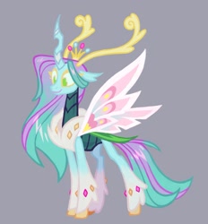 Size: 1155x1245 | Tagged: safe, artist:adreamera, imported from derpibooru, oc, oc only, changedling, changeling, changeling queen, changedling oc, changeling oc, changeling queen oc, female, gray background, simple background, smiling, solo