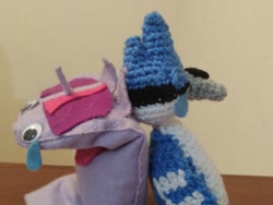 Size: 2621x1968 | Tagged: safe, artist:casquitos kawaii, imported from derpibooru, twilight sparkle, pony, amigurumi, crochet, crossover, crossover shipping, crying, female, irl, male, meme, mordecai, mordetwi, photo, plushie, puppet, redraw mordetwi meme, regular show, shipping, straight