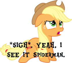 Size: 3413x3000 | Tagged: safe, artist:nieva-draws, imported from derpibooru, applejack, looking up, meme, sad, sigh, sitting, spider-man