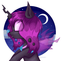 Size: 1177x1173 | Tagged: safe, artist:midnight music, imported from derpibooru, oc, oc:coco (changeling), butterfly, changeling, fangs, moon, purple changeling, simple background, stars, transparent background