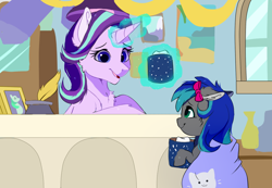 Size: 1204x834 | Tagged: safe, artist:hikariviny, imported from derpibooru, starlight glimmer, oc, oc:summer breeze (pegasus), blanket, cheek fluff, chest fluff, chocolate, drink, ear fluff, empathy cocoa, food, hot chocolate, inkwell, office, quill, starlight's office