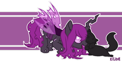 Size: 809x412 | Tagged: safe, artist:eilidh, imported from derpibooru, oc, oc:coco (changeling), cat, changeling, purple changeling, spread wings, wings