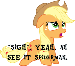 Size: 3413x3000 | Tagged: safe, artist:nieva-draws, imported from derpibooru, applejack, high res, looking up, meme, sad, sigh, sitting, spider-man