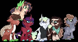 Size: 1014x554 | Tagged: safe, artist:adoptimals-fim, imported from derpibooru, oc, oc only, classical unicorn, earth pony, hybrid, pegasus, pony, unicorn, bandana, base used, black background, clothes, cloven hooves, crack ship offspring, female, hoodie, interspecies offspring, leonine tail, magical gay spawn, male, mare, offspring, parent:big macintosh, parent:caramel, parent:cheese sandwich, parent:discord, parent:fancypants, parent:flash sentry, parent:pokey pierce, parent:prince blueblood, parent:quibble pants, parent:soarin', parent:tempest shadow, parent:trouble shoes, parents:carashoes, parents:discomac, parents:fancyblood, parents:pokeysandwich, parents:quibblin', parents:tempestsentry, simple background, stallion, unshorn fetlocks