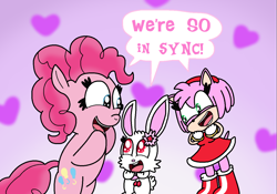 Size: 1276x891 | Tagged: safe, artist:harmonybunny2021, imported from derpibooru, pinkie pie, earth pony, hedgehog, pony, rabbit, amy rose, animal, bipedal, crossover, female, gradient background, heart, jewelpet, looking at each other, mare, ruby (jewelpet), sonic the hedgehog (series), sparkly eyes, wingding eyes