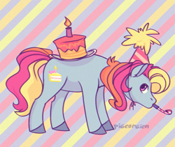 Size: 665x562 | Tagged: source needed, safe, artist:pigeorgien, imported from derpibooru, party cake, earth pony, pony, cake, candle, colored hooves, female, food, g3, hat, mare, noisemaker, party hat, solo