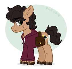 Size: 1000x960 | Tagged: safe, artist:pink-pone, imported from derpibooru, oc, oc only, oc:cinnamon sticks, earth pony, pony, bag, clothes, hoodie, male, saddle bag, solo, stallion