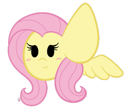 Size: 547x470 | Tagged: safe, artist:sugarcloud12, imported from derpibooru, fluttershy, pony, blush sticker, blushing, chibi, cute, head, impossibly large ears, shyabetes, simple background, smiling, solo, spread wings, transparent background, wings