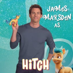 Size: 720x716 | Tagged: safe, imported from derpibooru, hitch trailblazer, earth pony, human, pony, g5, irl, irl human, james marsden, male, photo, stallion, toy, voice actor