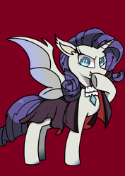 Size: 2480x3508 | Tagged: safe, artist:firefly, imported from derpibooru, rarity, bat pony, pony, unicorn, bat ponified, cape, clothes, fangs, female, high res, mare, race swap, raribat, red background, simple background, solo
