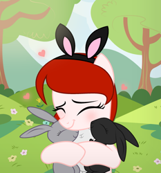 Size: 1997x2144 | Tagged: safe, artist:darbypop1, imported from derpibooru, oc, oc only, oc:scarlet, pony, rabbit, animal, base used, bunny ears, female, hug, mare, solo
