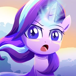 Size: 3000x3000 | Tagged: safe, artist:ce2438, imported from derpibooru, starlight glimmer, pony, unicorn, female, glowing horn, high res, horn, looking at you, mare, open mouth, solo, windswept mane