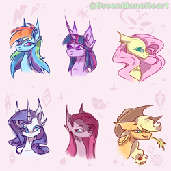 Size: 4000x4000 | Tagged: safe, artist:greenmaneheart, imported from derpibooru, applejack, fluttershy, pinkie pie, rainbow dash, rarity, twilight sparkle, pony, absurd resolution, bust, mane six, pinkamena diane pie, portrait