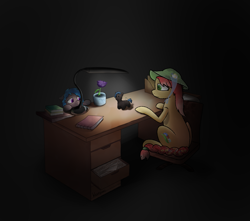 Size: 1629x1438 | Tagged: artist needed, safe, artist:wevepon3, imported from derpibooru, oc, oc only, earth pony, pegasus, pony, book, chair, context is for the weak, dark, desk, doll, flower, foal, lamp, notebook, plushie, sewing, sewing needle, table, thread, toy, worried