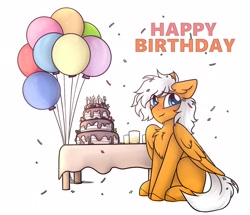 Size: 1978x1704 | Tagged: safe, artist:mariashek, imported from derpibooru, oc, oc:breezy brown, pegasus, pony, balloon, birthday, birthday cake, birthday gift, blue eyes, brown fur, cake, confetti, cute, drink, fluffy, food, gift art, male, pegasus oc, simple background, stallion, table, text, white background, white hair, white mane, wings