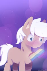 Size: 395x597 | Tagged: safe, artist:mireil31, imported from derpibooru, oc, oc:breezy brown, pony, blue eyes, blushing, brown fur, lgbt flag, looking away, lowres, male, pride flag, rainbow flag, shy, simple background, stallion, white hair, white mane