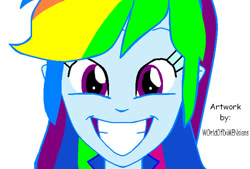 Size: 718x486 | Tagged: safe, artist:tonylixious, imported from derpibooru, rainbow dash, equestria girls, guitar centered, pinkie on the one, rainbow rocks, bust, eyelashes, female, grin, simple background, smiling, solo, white background