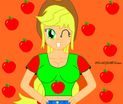 Size: 758x647 | Tagged: safe, artist:tonylixious, imported from derpibooru, applejack, equestria girls, apple, bust, clothes, female, food, grin, hand on hip, hat, one eye closed, orange background, simple background, smiling, solo, wink