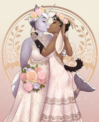 Size: 2520x3088 | Tagged: safe, artist:askbubblelee, imported from derpibooru, oc, oc:java comatose, oc:trots n socks, anthro, goat, sea pony, unguligrade anthro, unicorn, anthro oc, bouquet, clothes, couple, digital art, dress, duo, female, flower, freckles, high res, kissing, lesbian, marriage, oc x oc, ponysona, shipping, shoulder freckles, wedding, wedding dress