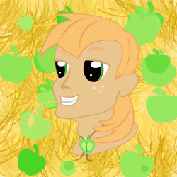 Size: 1919x1919 | Tagged: safe, artist:sarastudly, imported from derpibooru, big macintosh, human, abstract background, bust, freckles, humanized, male, smiling, solo