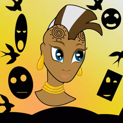 Size: 1919x1919 | Tagged: safe, artist:sarastudly, imported from derpibooru, zecora, human, abstract background, bust, dark skin, ear piercing, earring, female, humanized, jewelry, neck rings, piercing, smiling, solo, tattoo