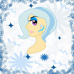 Size: 1920x1920 | Tagged: safe, artist:sarastudly, imported from derpibooru, trixie, human, abstract background, alternative cutie mark placement, bedroom eyes, bust, humanized, smiling, solo