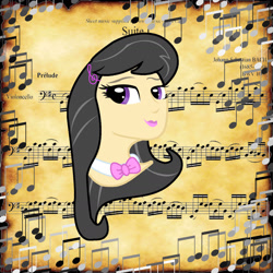 Size: 1440x1440 | Tagged: safe, artist:sarastudly, imported from derpibooru, octavia melody, human, abstract background, bowtie, bust, eyelashes, humanized, lipstick, music notes, smiling, solo