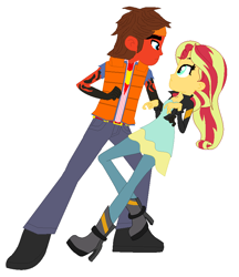 Size: 736x852 | Tagged: safe, artist:robertsonskywa1, idw, imported from derpibooru, sunset shimmer, equestria girls, clothes, crossover, crossover shipping, duo, equestria girls-ified, female, headband, holomatter avatar, hot rod, jacket, male, more than meets the eye, photo, rodimus, shipping, straight, transformers