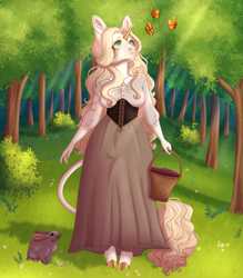 Size: 4200x4800 | Tagged: safe, artist:bluet0ast, imported from derpibooru, oc, oc only, oc:aurora ellery valentine, anthro, butterfly, classical unicorn, rabbit, unguligrade anthro, unicorn, animal, basket, clothes, cloven hooves, horn, leonine tail, looking up, outdoors, smiling, tree, unicorn oc, unshorn fetlocks