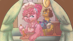 Size: 1280x720 | Tagged: safe, artist:meechiepeachie, imported from derpibooru, cheese sandwich, pinkie pie, pony, apron, cheesepie, clothes, cooking, ear fluff, female, fluffy, hat, hoof hold, indoors, male, mare, one eye closed, shipping, smiling, stallion, story included, straight, wink