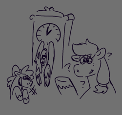 Size: 540x510 | Tagged: safe, artist:tezzart, artist:tezzbot, imported from derpibooru, apple bloom, applejack, rainbow dash, earth pony, pegasus, drunk, drunker dash, grandfather clock