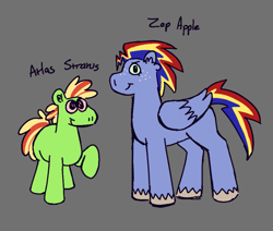 Size: 1149x976 | Tagged: safe, artist:tezzart, artist:tezzbot, imported from derpibooru, oc, oc only, oc:atlas stratus, oc:zap apple, earth pony, pegasus, brother and sister, colt, duo, female, filly, freckles, gray background, magical lesbian spawn, male, offspring, parent:applejack, parent:rainbow dash, parents:appledash, siblings, simple background