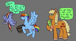 Size: 1447x786 | Tagged: safe, artist:tezzart, artist:tezzbot, imported from derpibooru, applejack, rainbow dash, oc, oc:atlas stratus, oc:zap apple, earth pony, pegasus, pony, appledash, baby, baby pony, colt, dialogue, family, female, filly, lesbian, magical lesbian spawn, male, offspring, parent:applejack, parent:rainbow dash, parents:appledash, shipping, tongue out