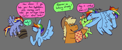 Size: 1444x596 | Tagged: safe, artist:tezzart, artist:tezzbot, imported from derpibooru, applejack, rainbow dash, oc, oc:atlas stratus, oc:zap apple, earth pony, pegasus, pony, appledash, baby, baby pony, colt, dialogue, family, female, filly, gray background, implied apple bloom, lesbian, magical lesbian spawn, male, offspring, parent:applejack, parent:rainbow dash, parents:appledash, shipping, simple background