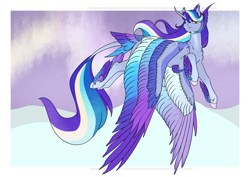 Size: 4961x3508 | Tagged: safe, artist:oneiria-fylakas, imported from derpibooru, oc, oc only, oc:aura sparkle, oc:rainy thunder, alicorn, pony, colored wings, female, fusion, mare, multicolored wings, solo, wings