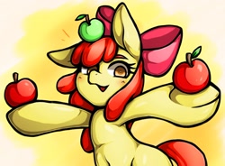 Size: 2094x1543 | Tagged: safe, artist:kyouman1010, imported from derpibooru, apple bloom, earth pony, pony, apple, balancing, blushing, female, filly, food, open mouth, open smile, smiling, solo