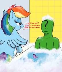 Size: 2480x2858 | Tagged: safe, artist:eels, imported from derpibooru, rainbow dash, twilight sparkle, oc, oc:anon, human, pegasus, pony, bath, bathtub, bubble bath, duo, female, high res, i'm not at the beach this is a bathtub, male, mare, meme, rubber duck