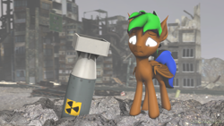 Size: 1920x1080 | Tagged: safe, artist:christian69229, imported from derpibooru, oc, oc only, oc:coco nut, bat pony, pony, 3d, atomic bomb, bat pony oc, bat wings, bomb, frown, male, nuclear weapon, solo, source filmmaker, stallion, this will end in death, weapon, wings