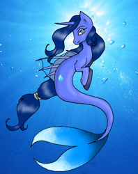 Size: 2180x2752 | Tagged: safe, artist:fensy, imported from derpibooru, oc, oc only, hybrid, merpony, pony, seapony (g4), unicorn, blue mane, bubble, crepuscular rays, dorsal fin, fish tail, flowing mane, high res, horn, looking at you, ocean, seaponified, smiling, solo, species swap, sunlight, swimming, tail, underwater, water