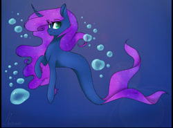 Size: 540x399 | Tagged: safe, artist:calla--lily, imported from derpibooru, oc, oc only, merpony, pony, seapony (g4), unicorn, blue background, bubble, fins, fish tail, flowing mane, flowing tail, green eyes, horn, looking at you, ocean, purple mane, seaponified, signature, simple background, solo, species swap, tail, underwater, water