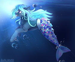 Size: 1200x1000 | Tagged: safe, artist:avalanto, imported from derpibooru, oc, oc only, merpony, blue mane, bubble, commission, crepuscular rays, dorsal fin, female, fish tail, flowing mane, flowing tail, gills, ocean, open mouth, purple eyes, smiling, solo, sunlight, swimming, tail, teeth, underwater, water