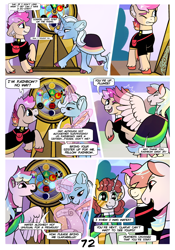 Size: 2100x3000 | Tagged: safe, artist:loryska, imported from derpibooru, trixie, oc, oc:clarabelle, oc:conundrum solar flare, oc:plumeria, earth pony, hybrid, pegasus, pony, zony, comic:friendship grows, high res, offspring, parent:quibble pants, parent:rainbow dash, parents:quibbledash, roulette