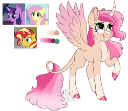 Size: 2075x1792 | Tagged: safe, artist:moccabliss, imported from derpibooru, fluttershy, sunset shimmer, twilight sparkle, alicorn, pony, curved horn, fusion, glasses, horn, leonine tail, simple background, transparent background, twilight sparkle (alicorn)