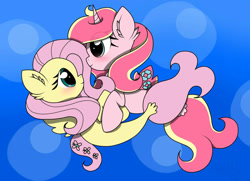 Size: 1024x742 | Tagged: safe, artist:detendobrony, imported from derpibooru, fluttershy, oc, oc:rosa flame, alicorn, pegasus, pony, seapony (g4), unicorn, blushing, bubble, canon x oc, dorsal fin, ear fluff, eyelashes, female, fish tail, flowing tail, green eyes, horn, lesbian, looking at each other, ocean, pink mane, seaponified, seapony fluttershy, shipping, smiling, species swap, tail, underwater, water, wings