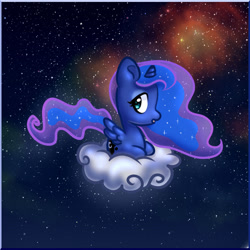 Size: 1024x1024 | Tagged: safe, artist:s-locon, imported from derpibooru, princess luna, alicorn, pony, chibi, cloud, cute, lunabetes, lying down, night, on a cloud, ponyloaf, profile, prone, sky, solo, space, stars