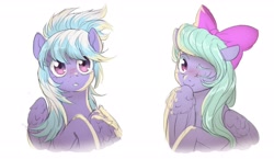 Size: 2576x1496 | Tagged: safe, artist:ghoasthead, imported from derpibooru, cloudchaser, flitter, pegasus, pony, blushing, bust, cute, cutechaser, female, flitterbetes, looking at you, mare, one eye closed, siblings, simple background, sisters, white background, wink