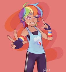 Size: 1618x1763 | Tagged: safe, artist:pinkbu__, imported from derpibooru, rainbow dash, human, bandaid, clothes, cute, dark skin, dashabetes, ear piercing, fingerless gloves, gloves, humanized, moderate dark skin, one eye closed, piercing, sleeveless, smiling, smirk, solo, tanktop, wink, wristband