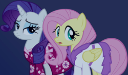 Size: 1292x759 | Tagged: safe, imported from derpibooru, screencap, fluttershy, rarity, pegasus, pony, unicorn, read it and weep, season 2, clothes, female, mare